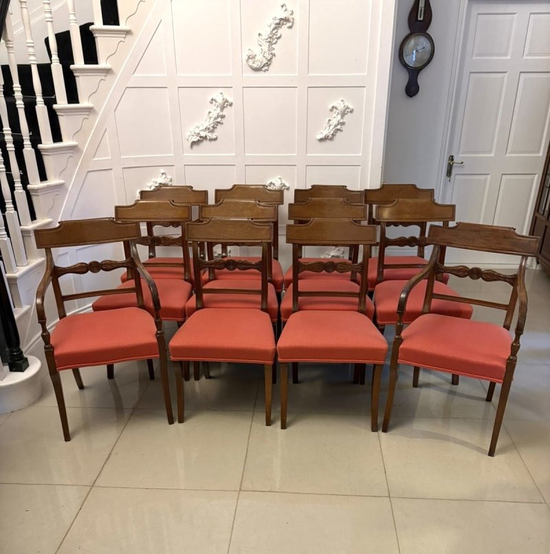 Antique Regency Set of 12 Mahogany Dining Chairs Including 2 Carvers